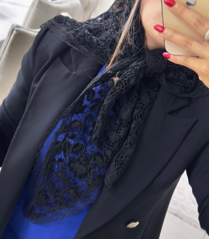 روسری مجلسی گیپور مشکی مخمل کوب دور دانتل