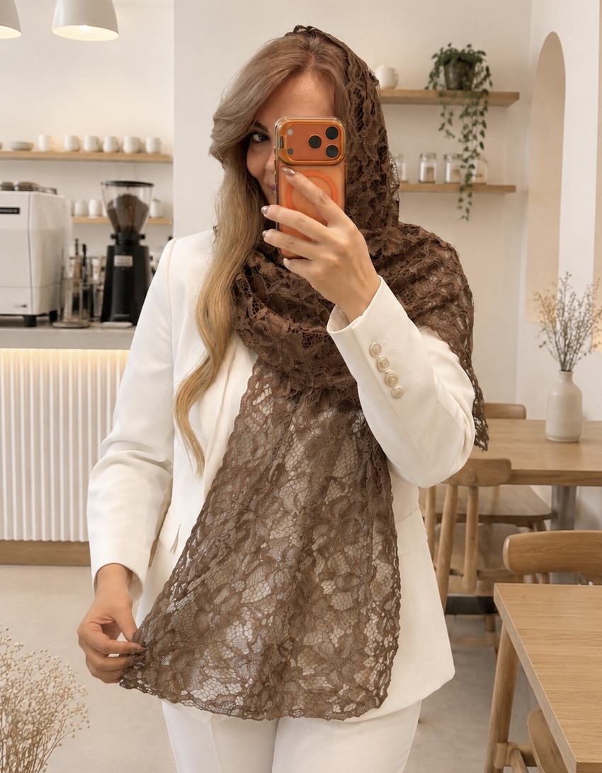 شال مجلسی گیپور دانتل قیطون دوزی لبه دالبر موکا