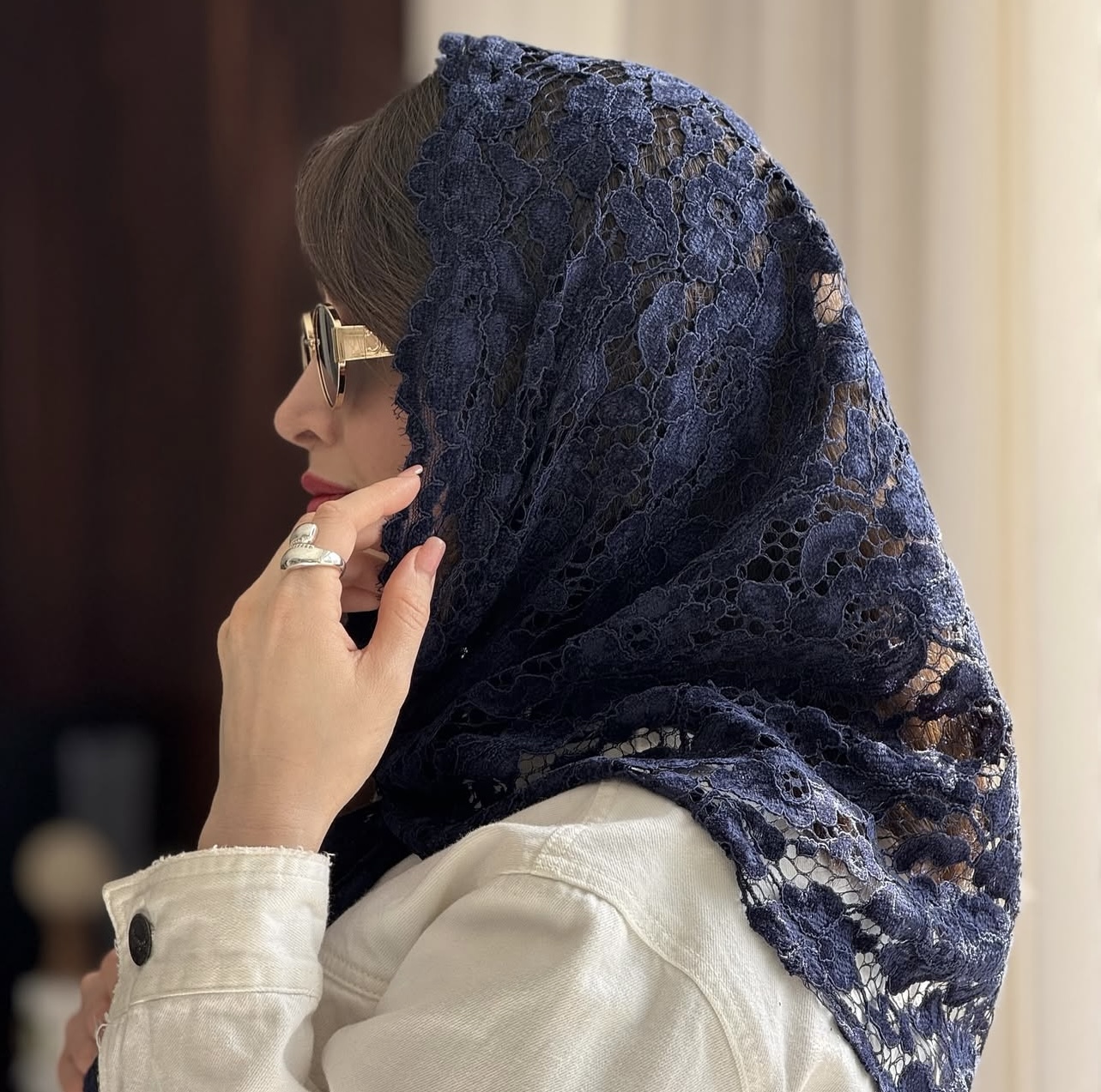 روسری مجلسی گیپور مخمل کوب سورمه ای قواره ۱۲۰