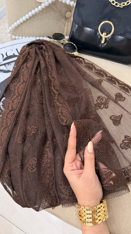 شال مجلسی گیپور قهوه ای حاشیه دانتل