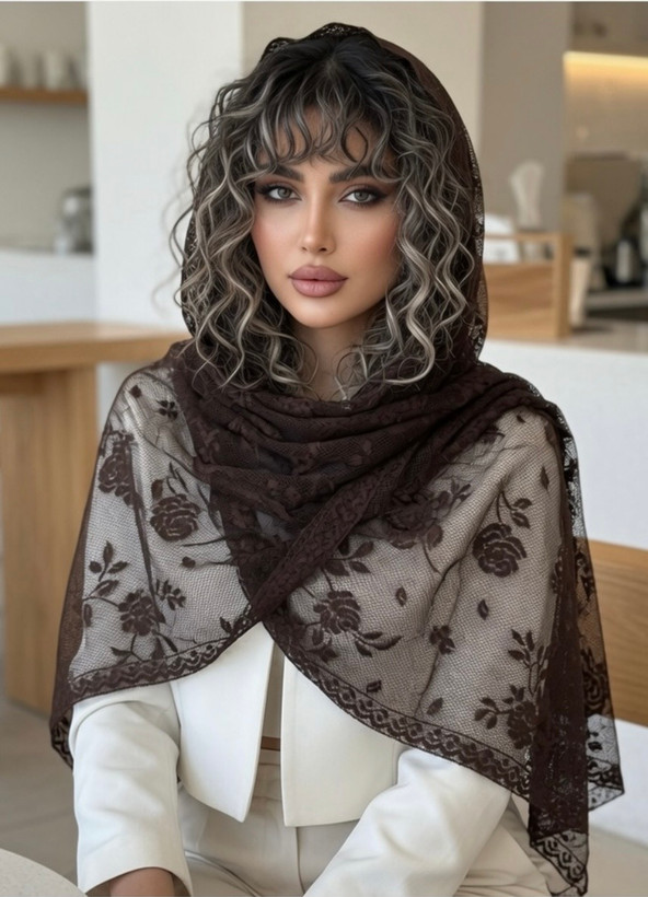 شال مجلسی گیپور قهوه ای حاشیه دانتل